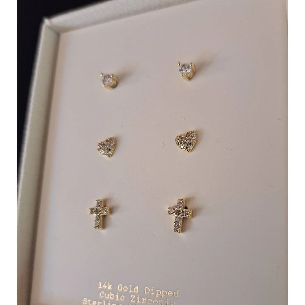 Heart and Cross Earring Set 3pk 14k Gold Plated Womens NEW CZ 971-200-CB6